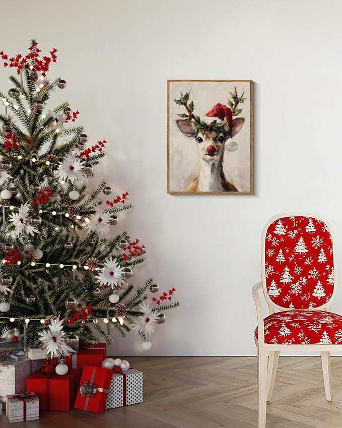 InSimSea Christmas Decor Framed Wall Art, Elk wearing a Santa hat Canvas Painting, elegant Holiday decor Unique Christmas Gifts For Table Wall Farmhouse Mantel Home Office 16L x 12W