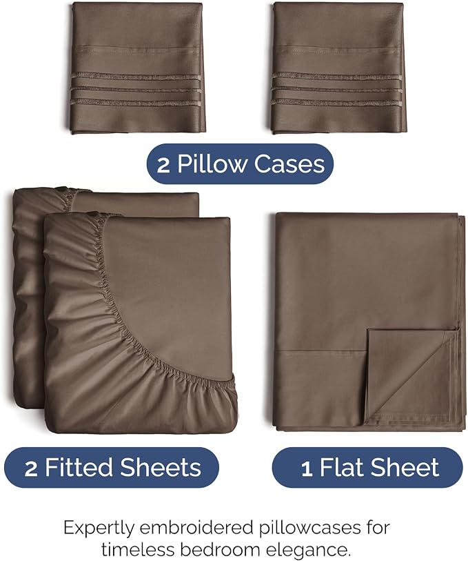 Split King Size 5 Piece Sheet Set - Comfy Breathable & Cooling Sheets - Hotel Luxury Bed Sheets for Women & Men - Deep Pockets, Easy-Fit, Soft and Wrinkle Free Sheets - Brown Oeko-Tex Bed Sheet Set