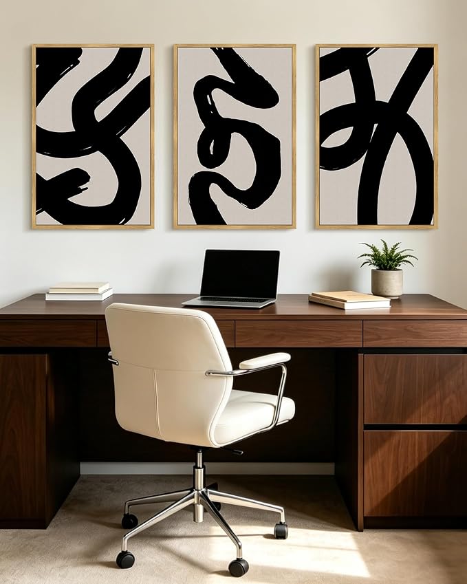 KUVIOKE Black Abstract Framed Wall Art Ink Wash Minimalist Lines Canvas Painting Artwork for Bedroom Hallway 16x24in (Natural Framed)