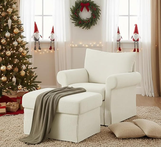 35.8" Chenille Accent Chair with Ottoman Set, Comfy Upholstered Armchair with Rolled Arms, Modern Single Reading Chair for Living Room, Bedroom, Apartment, White