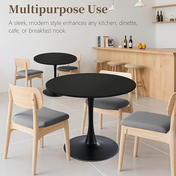 42 Inch Round Dining Table,Mid-Century Tulip Table with Metal Pedestal Base,Modern Leisure Table for Small Space Kitchen Dining Room,Easy Assembly,Black