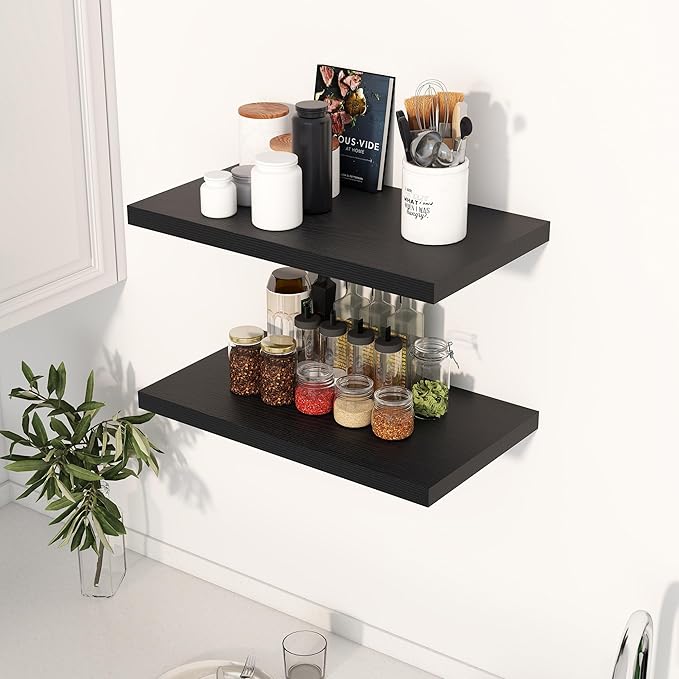 Dreamland 24" Floating Shelves for Wall, 12" Deep Slim Black Floating Shelves, Wall-Mounted Shelves for Bedroom, Living Room, Kitchen, Bathroom - Set of 2