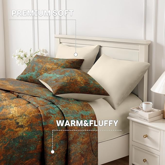 7Pcs Comforter Set Full Size, Teal Brown Bronze Copper Gradations Abstract, Bedding Decor Orange Rust Brass Metallic Bedroom Bed Set Flat Sheet Fitted Sheet Pillowcases Shams for Kids Adults