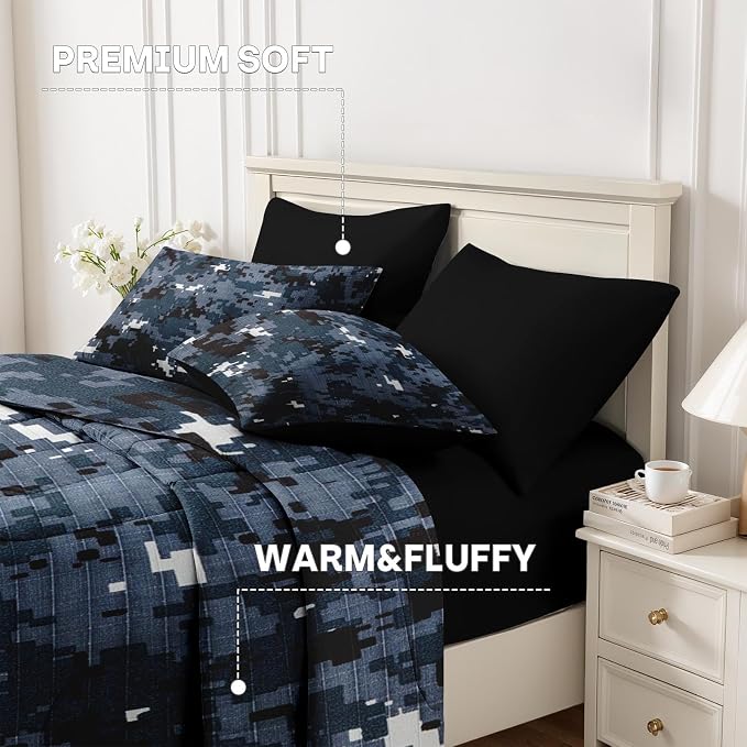 5Pcs Comforter Set Twin Size, Digital Navy Blue Camouflage Camo, Bedding Decor Army Military Brown Gray Seal Us Bedroom Bed Set Flat Sheet Fitted Sheet Pillowcases Shams for Kids Adults