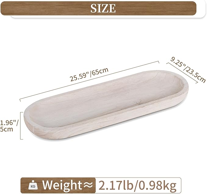 Hanobe Decorative Bowl Large Wooden: 25.5" Extra Long Wood Dough Bowls for Entry Way Table - Farmhouse Coffee Table Decor - Rustic Dining Table Centerpiece Decor, White
