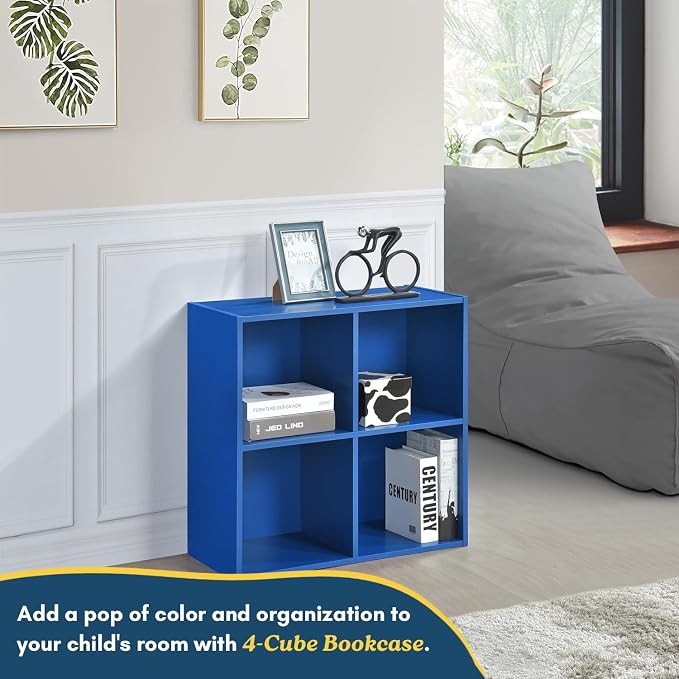 Kings Brand Furniture George 4-Cube Storage Organizer, 2-Tier Bookcase with Wood Shelves for Living Room, Bedroom, Nursery, or Home Office (Blue, 1-Pack)