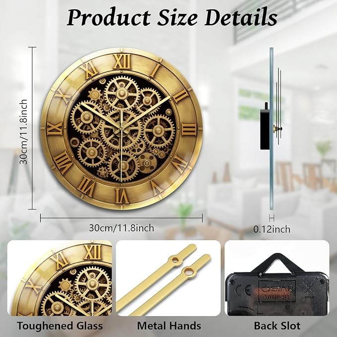 peacoblue Wall Clocks Battery Operated 12 Inch 3D Gear Glass Round Wall Clock Non Ticking for Kitchen Living Room Dining Room Bedroom and Bathroom Decor Accessories (Battery not Included)