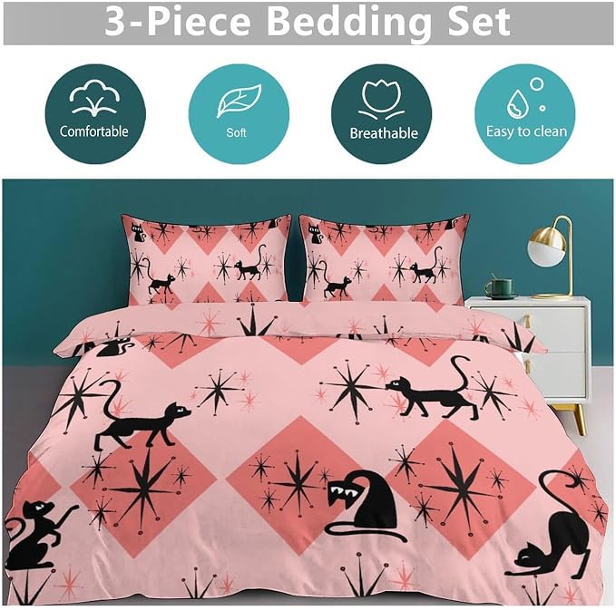 Mid Century Bedding Set,Retro Black Cat 1950s 1960s Abstract Atomic Pink Geometric Pattern Modern Comforter Set with Pillowcase for Bedroom Bed Decor,Full 79"x90"