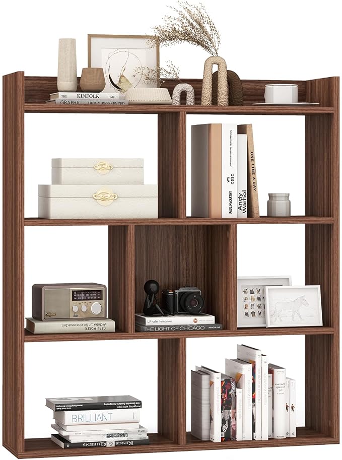 Giantex 7 Cube Bookshelf, Free-Standing Wooden Bookcase, 4 Tier Home Display Shelf, Horizontal Storage Unit w/Anti-Toppling Devices, Open-Back Display Rack for Study, Bedroom, Living Room, Walnut
