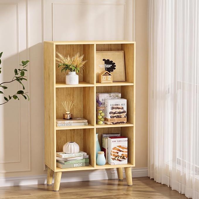 6 Cube Storage Organizer with Legs, 3 Tier Cube Low Bookcase Freestanding Storage Display Organizer for Home Office, Six-Cubes Open Shelf Bookshelf (Natural Oak, 6 Cube Vertical)