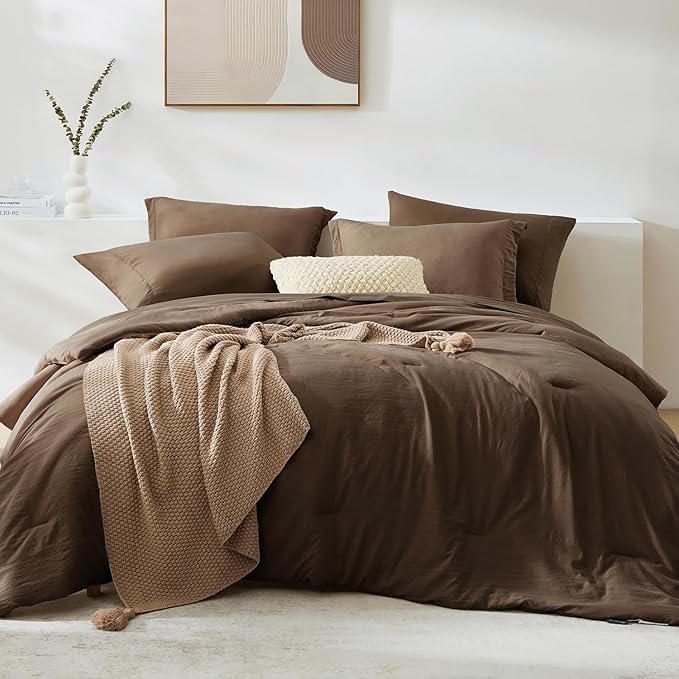 WRENSONGE Queen Comforter Set- 7 Pieces Soft Chocolate Brown Bed in a Bag with Fitted Sheet, Flat Sheet, 2 Pillow Shams, and 2 Pillowcases- Warm Bedding Sets Queen for All Season
