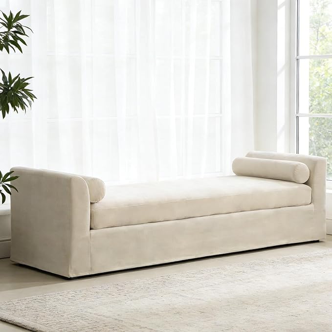 Chifee & Vingol Oversized Chaise Lounge Indoor 88" W Extra-Long End of Bed Bench Upholstered Modern Dining Benches with Removable Pillows for Living Room Bedroom,Beige