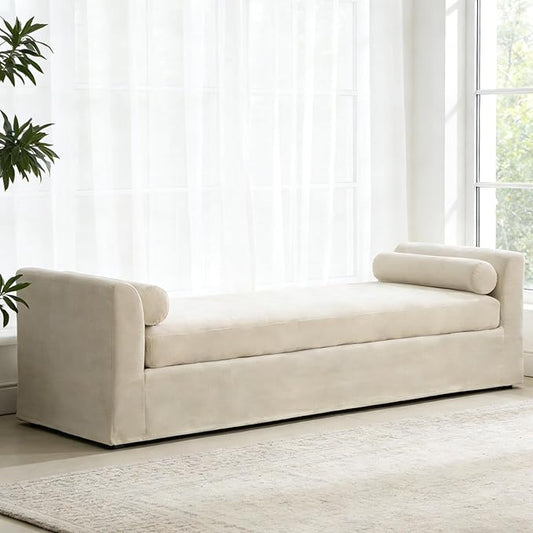 Chifee & Vingol Oversized Chaise Lounge Indoor 88" W Extra-Long End of Bed Bench Upholstered Modern Dining Benches with Removable Pillows for Living Room Bedroom,Beige