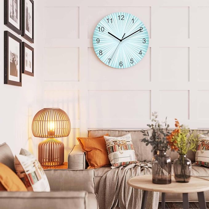 Abstract Wall Clock Battery Operated Non-Ticking 10" Round Wood Clocks, Sunburst Rays Light Blue Kitchen Wall Clock for School Bathroom Living Room Home Office Wall Decor