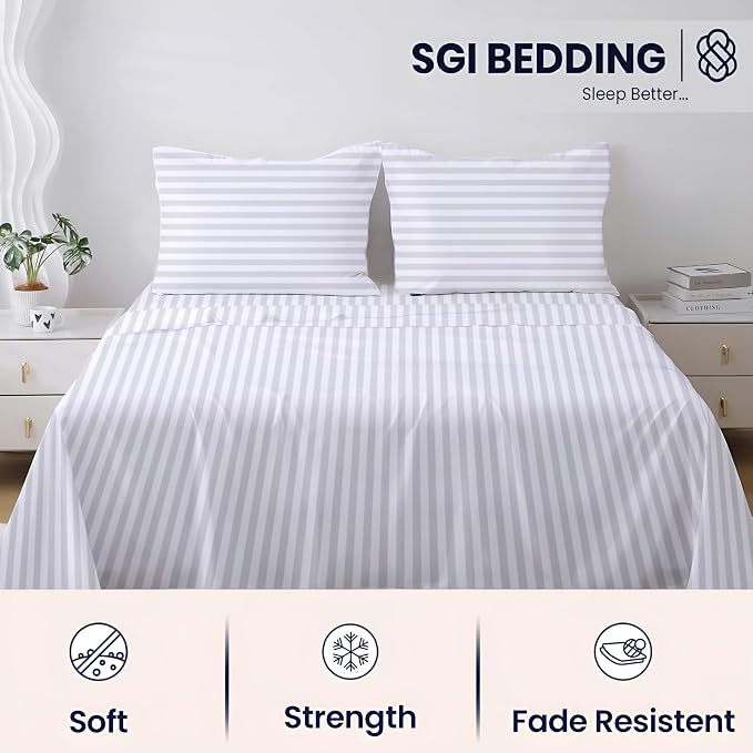 SGI bedding 100% Egyptian Cotton Sheets Full Size – 600 Thread Count Sheets Set, Soft, Cooling, 15" Deep Pocket, Luxury Hotel Bedding, Breathable, Durable - White Stripe