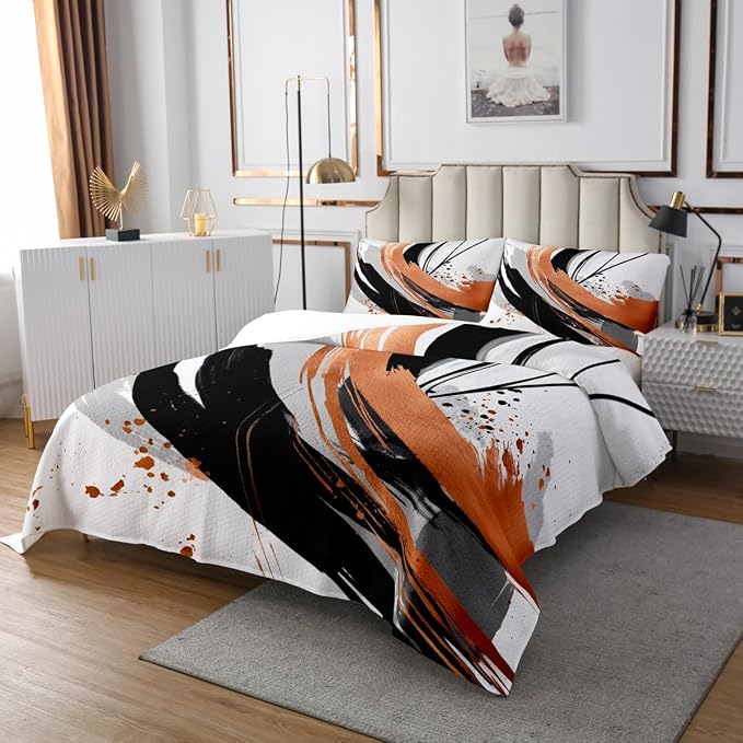 Erosebridal Black Burnt Orange Quilt Set Twin - Modern Geometric Decorative Abstract Coverlet Set Striped Bed Sets for Boys Adults Girls Minimalist Graffiti Aesthetic Lines Bedding Sets