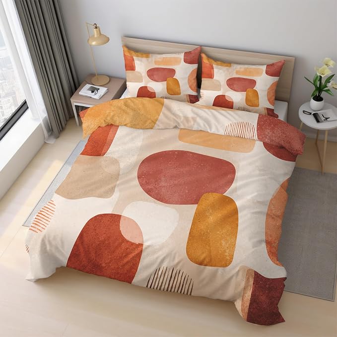 Boho Duvet Cover King Size, Mid Century Bedding Set 3 pcs with 2 Pillow Covers, Modern Abstract Bedroom Decor, Soft Microfiber Reversible, Zipper & Ties KJJT 109