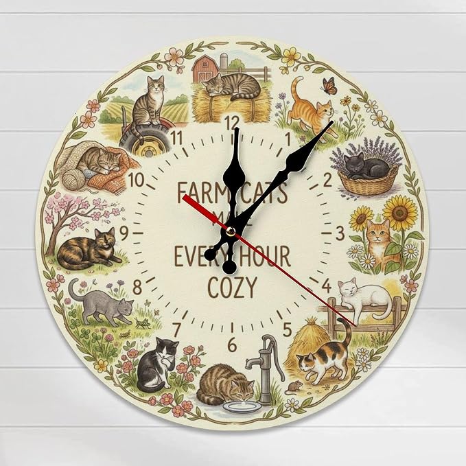 Farmhouse Cat Decor Wooden Wall Clock Silent Non Ticking Battery Operated | Cute Animal Kitchen Bedroom Office Living Room Art Gift