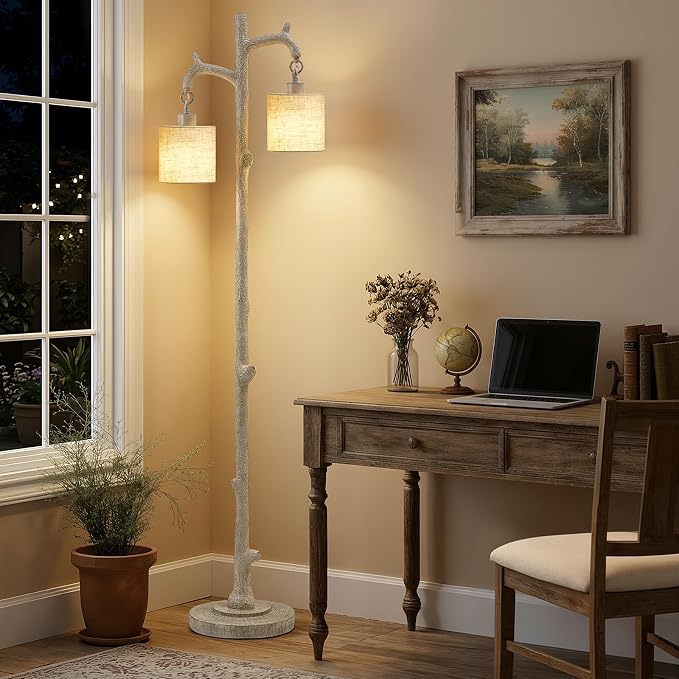 EJIAXIN Floor Lamp for Living Room - 69" Rustic Tree Trunk Standing Lamps - Country Resin Tall Lamp with 2 Reading Light - Farmhouse Floor Lamp for Bedroom Office Home Decor (Grayish White)