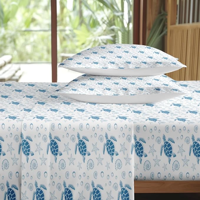 Pamnest Twin Size Bed Sheet Sets, Sea Turtle Ocean Soft Microfiber 3 Pcs Bedding Sets for Kids and Adults Bedroom Bed Decor, Animal Starfish Beach Flat, Fitted Sheet and Pillowcases