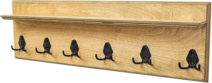 Rustic Wall Mounted Coat Rack with Shelf Wooden Entryway Organizer with 5 Metal Hooks for Coats Hats Towels Keys Floating Storage Shelf for Bathroom Bedroom (Jade, 40 inch (7 Hooks))