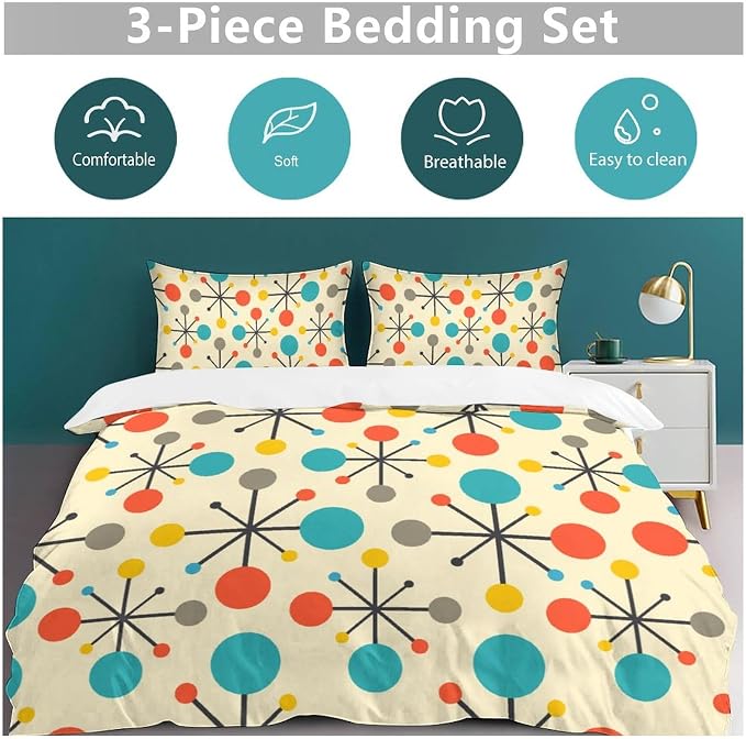 Mid Century Duvet Cover Sets Aesthetic Abstract Geometric Mid Century Retro Printed Lightweight Soft Quilt Cover Minimalist Soft Microfiber 3 Piece (1 Duvet Cover 79x90in + 2 Pillow Sham 20x30in)