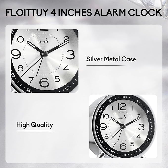 FLOITTUY Super Silent Metal Alarm Clock,Beep Wake Round Alarm Clock with Strip Night Light,Battery Operated,Easy Set,Simple & Retro for Desk, Bedroom and Home Decoration(Metallic Silver)