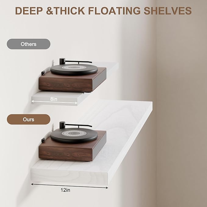 Floating Shelves for Wall, 12x60 Inch Extra Long White Wood Wall Mounted Shelves, Set of 2 with Invisible Brackets for Living Room, Bedroom, Kitchen, Modern Farmhouse Decor
