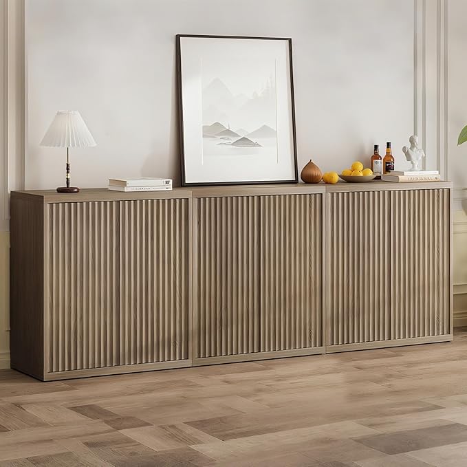 Fluted Sideboard Cabinet with Storage, Mid Century Modern Accent Cabinet, Wood Credenza Cabinets with Adjustable Shelves & Pop-up Doors Perfect for Entryway Kitchen Living Room, Brown