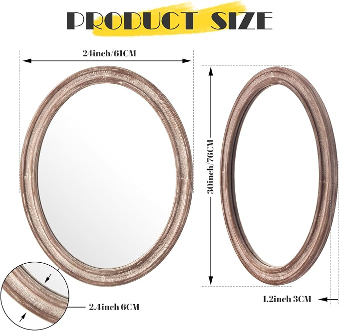 sawsile Oval Wood Mirror,Rustic 24x30 Inch Wooden Farmhouse Decorative Vanity Natural Mirrors for Bedroom, Bathroom, Living Room,or Entryway