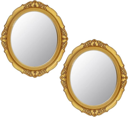 Eaoundm 13.1 x 14.8 inchs Decorative Wall Mirror,Vintage Hanging Mirrors for Bedroom Living-Room Dresser Decor Oval (Gold 2 Pcs)