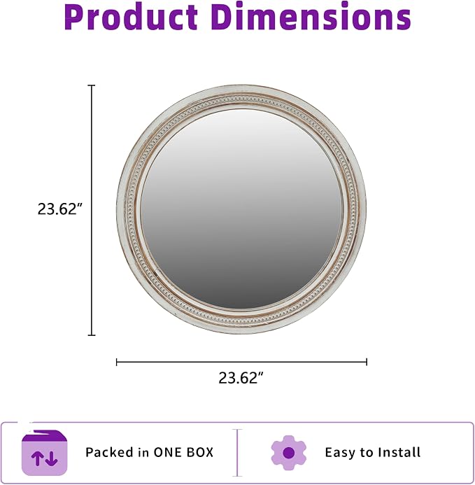23.62'' Vintage Round Wall Mirror with Ornate Beaded Trim Frame & Pre-Installed Hanging, Decorative Mirror with Large Reflective Surface for Bathroom Bedroom Living Room, Natural