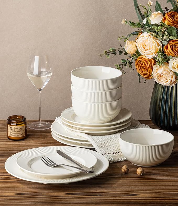 TheTerra Stoneware Dinnerware Sets for 6, 18 Pieces Ceramic Plates and Bowls Sets, Scratch Resistant Embossed Dish Set, Oven, Microwave & Dishwasher Safe, Reactive White