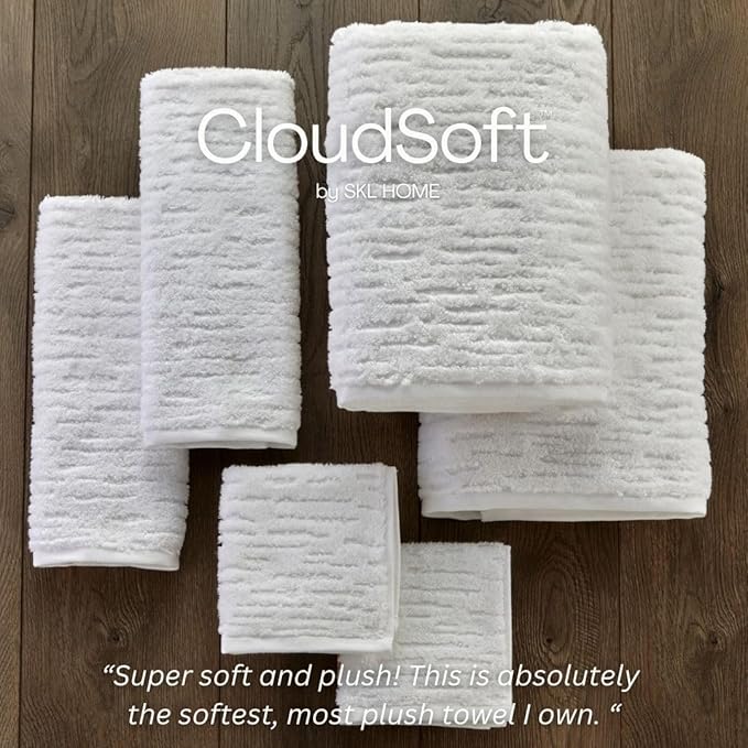 SKL Home CloudSoft 100% Cotton Luxury 6-Piece Towel Set, 600 GSM, Ultra Plush & Absorbent - 2 Bath Towels, 2 Hand Towels, 2 Washcloths, White