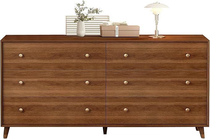 6 Drawer Dresser for Bedroom, 55 Inch Walnut Dresser for Closet, Mid Century Wood Chest of Drawers with Natural Texture & Pre-Embedded Slots for TV Stand, Living Room, Hallway, Office