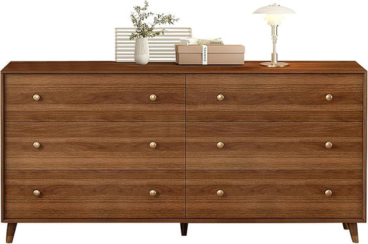 6 Drawer Dresser For Bedroom, 55 Inch Dresser for Closet with Walnut Frame, Modern Solid Wood Chest of Drawers with Natural Texture & Pre-Embedded Slots For TV Stand, Living Room, Hallway, Office