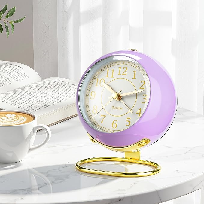Tetino Analog Alarm Clocks,Retro Backlight Cute Simple Design Small Desk Clock with Night Light,Silent Non-Ticking,Battery Powered,for Kids,Teens,Bedroom,Travel,Kitchen,Bedside Desk Decor. (Purple)