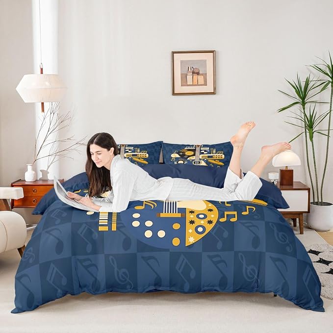 Erosebridal Retro Music Duvet Cover Queen for Boys Men - Abstract Instruments Guitar Bedding Set Vinyl Record Rock Roll Comforter Cover,Checkered Musical Notes Bed Set
