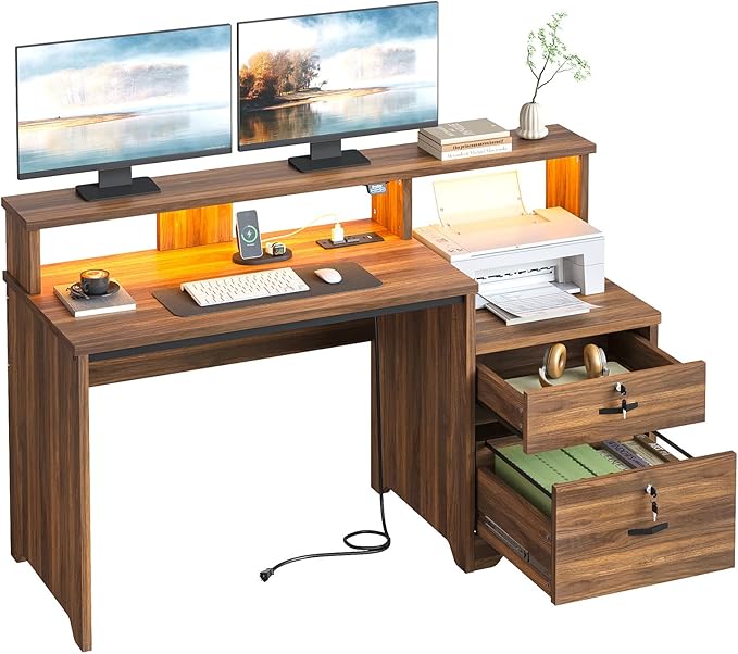 Bestier 55 Inch Wood Computer Desk with Lockable File Drawer, Charging Station & LED Lights - Home Office Desk with Storage Shelves, Printer Shelf & Monitor Stand, Wooden Desk for Study & Work, Walnut