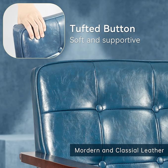 Okeysen Accent Chairs Set of 2, Mid Century Modern Accent Chair, Retro Wood and Leather Armchairs Side Chair, Lounge Reading Comfy Arm Chair for Living Room, Bedroom, Office (Blue)
