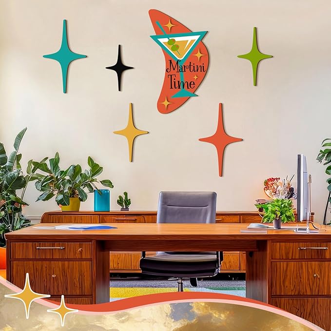 Amyhill 6 Pcs Mid Century Modern Decor Martini Time Mcm Decor Retro Atomic Star Wall Art Sculpture, Wooden Colorful Star Wall Art Elegance Accents for Home Bar Office Room Hanging Decorations