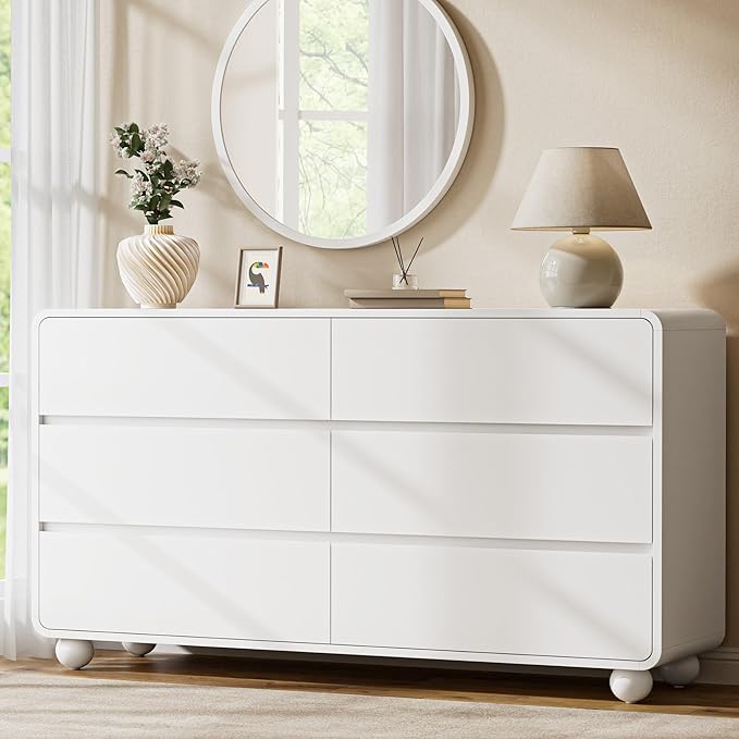 Lulive Wood Dresser for Bedroom, 53” Wide Chest of Drawers with 6 Drawers, Modern Closet Storage Drawer with Curved Profile Design for Living Room, Hallway, Entryway, White