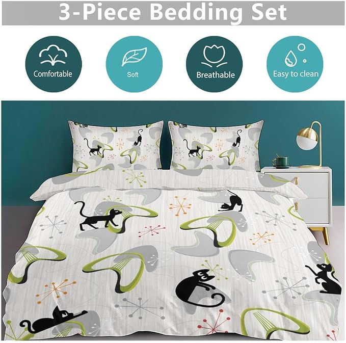 Mid Century Bedding Set,Retro Black Cat Atomic Diamond Star 1950s 1960s Abstract Geometric Minimalist Simple Modern Comforter Set with Pillowcase for Bedroom Bed Decor,Full 79"x90"