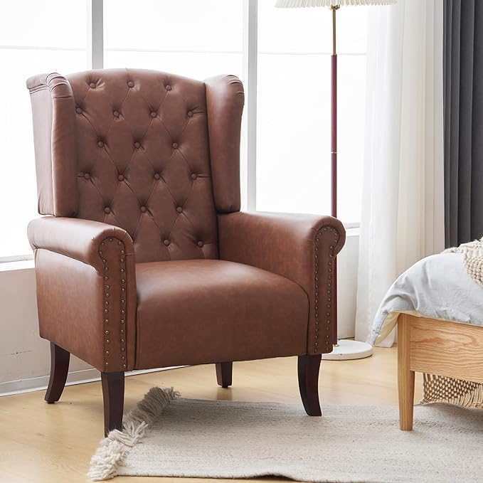 MOJAY Mid-Century Modern Living Room Chairs Set of 2, Upholstered Faux Leather Accent Chairs Club Arm Chair, Single Sofa Chair with Solid Wooden Legs for Bedroom Study Home Office Lounges (Brown)