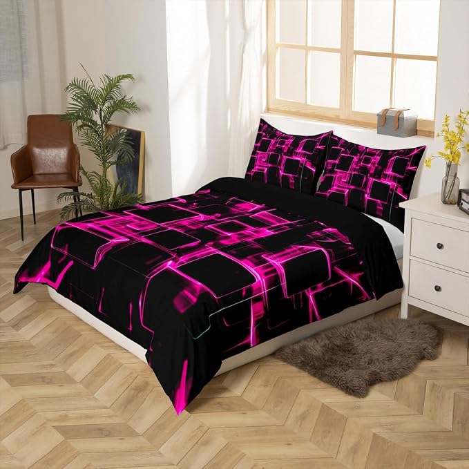 Erosebridal Girly Pink and Black Kids Duvet Cover, Modern Abstract Geometric Square Bedding Sets for Boys Girls Gradient Neon Light Honeycomb Bed Cover King with 2 Pillowcases