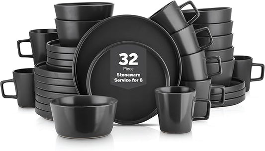 Stone Lain Celina Stoneware 32 Piece Modern Dinnerware Set, Plates and Bowls, Black Matte, Service for 8, Microwave & Dishwasher Safe