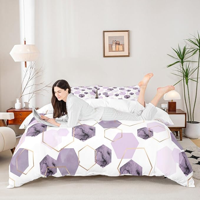 Erosebridal Lavender Purple Modern Duvet Cover Full - Marble Grain Geometric Bedding, Fresh Abstract Geometric Art Bed Set for Boys Girls Watercolor Hexagon Bed Cover with 2 Pillowcases