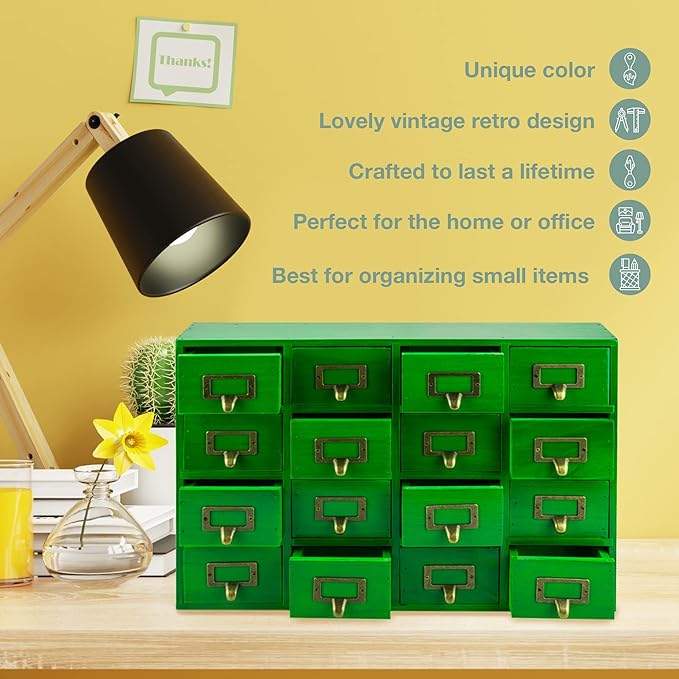 Emerald Green Wood 16-Drawer Apothecary Small Cabinet - 20"x3.6”x14” Card Catalog Style Table Top Organizer - Wooden Storage Box w/16 Drawers - 4-Level Countertop Organizer w/Label Holders & Handles