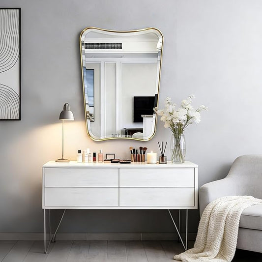 POZINO Brushed Gold Vanity Mirror, 24"x36" Modern Beveled Bathroom Mirror, Irregular Shaped Mirrors in Stainless Steel Frame, Brass Rectangle Wall Mirrors for Bedroom Living Room Entryway