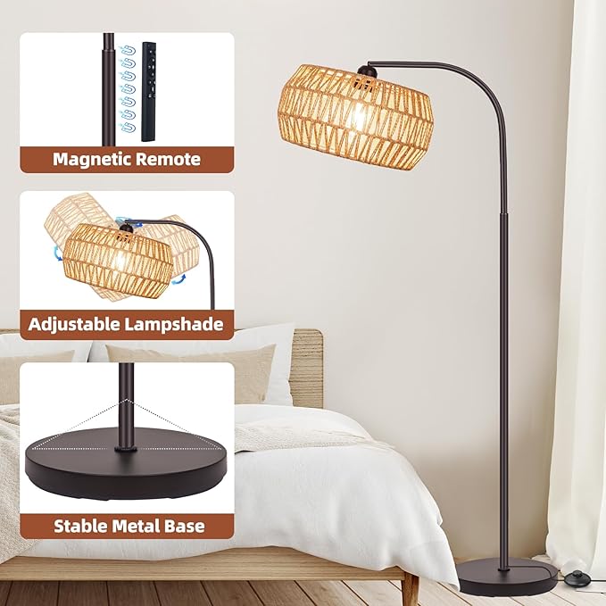 Rattan Standing Lamp with Remote and Dimmable Bulb, Bronze Arch Floor Lamp, Over Couch Lamp with Foot Switch, Brown Boho Lamp for Living Room, Bedroom, Office, Classroom